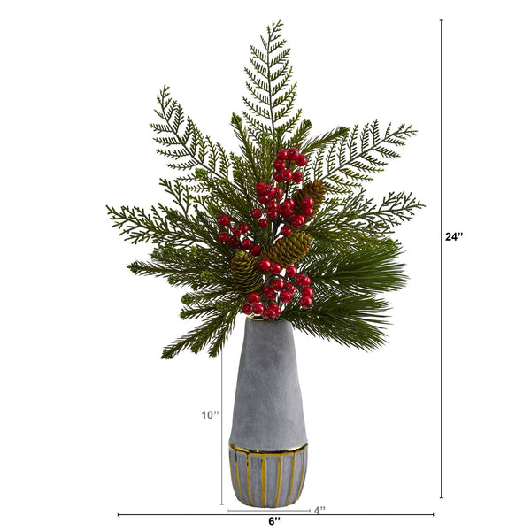 24” Mixed Pine, Pinecone and Berry Artificial Arrangement in Stoneware Vase with Gold Trimming