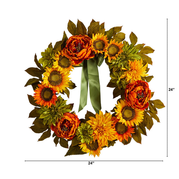 24” Peony, Dahlia and Sunflower Artificial Wreath