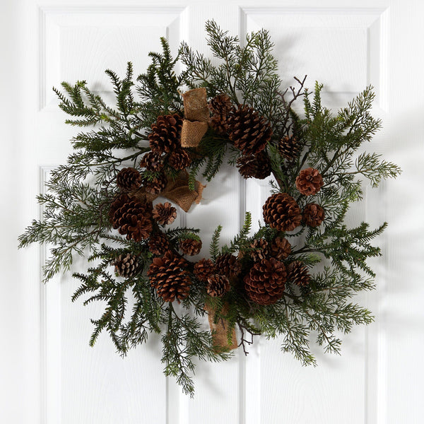 24” Pine & Pine Cone Wreath w/Burlap Bows