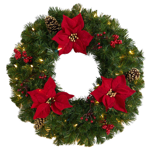 24” Poinsettia, Berry and Pinecone Artificial Wreath with 50 Warm White LED Lights