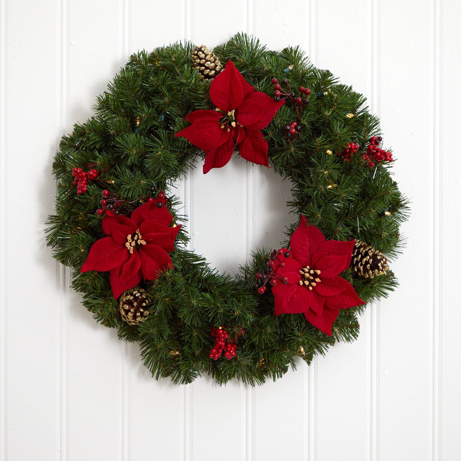 24” Poinsettia, Berry and Pinecone Artificial Wreath with 50 Warm White LED Lights