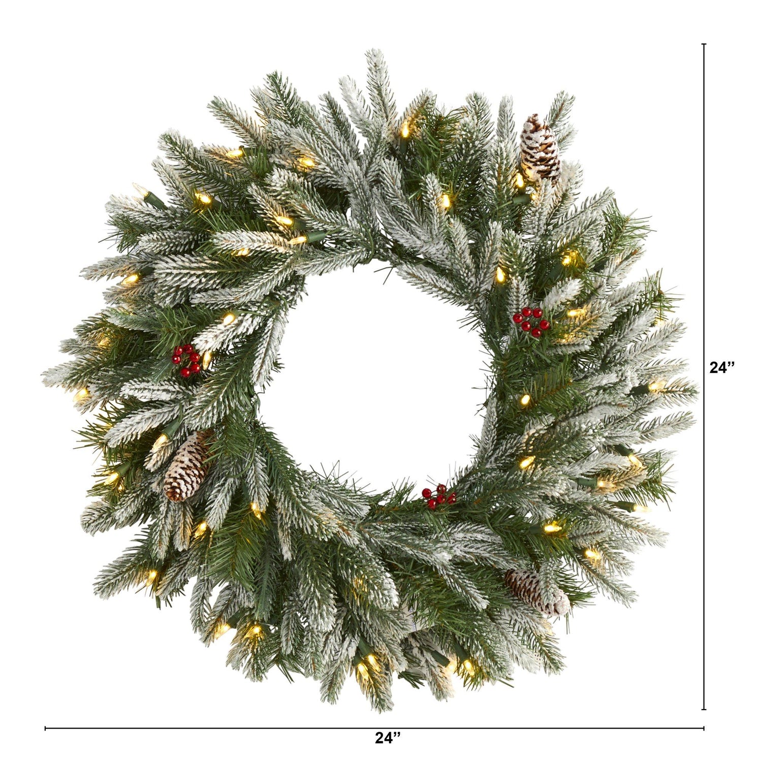 24” Snowed Artificial Christmas Wreath with 50 Warm White LED Lights and Pine Cones