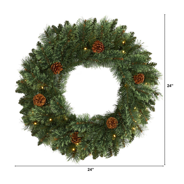 24” White Mountain Pine Artificial Christmas Wreath with 35 LED Lights and Pinecones