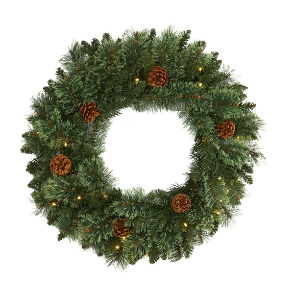 24” White Mountain Pine Artificial Christmas Wreath with 35 LED Lights and Pinecones