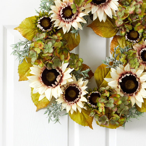 24” White Sunflower and Hydrangea Artificial Autumn Wreath