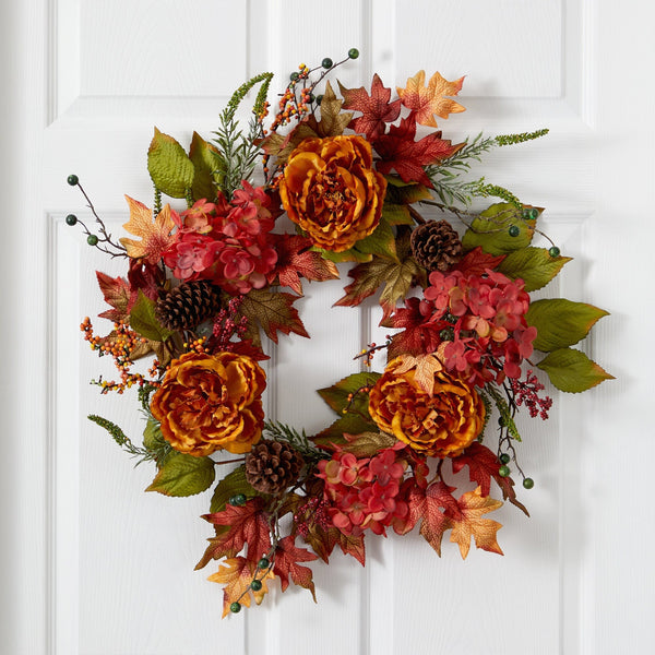 25” Fall Ranunculus, Hydrangea and Berries Autumn Artificial Wreath