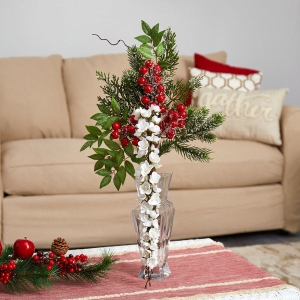 25” Wisteria, Iced Pine and Berries Artificial Arrangement in Glass Vase