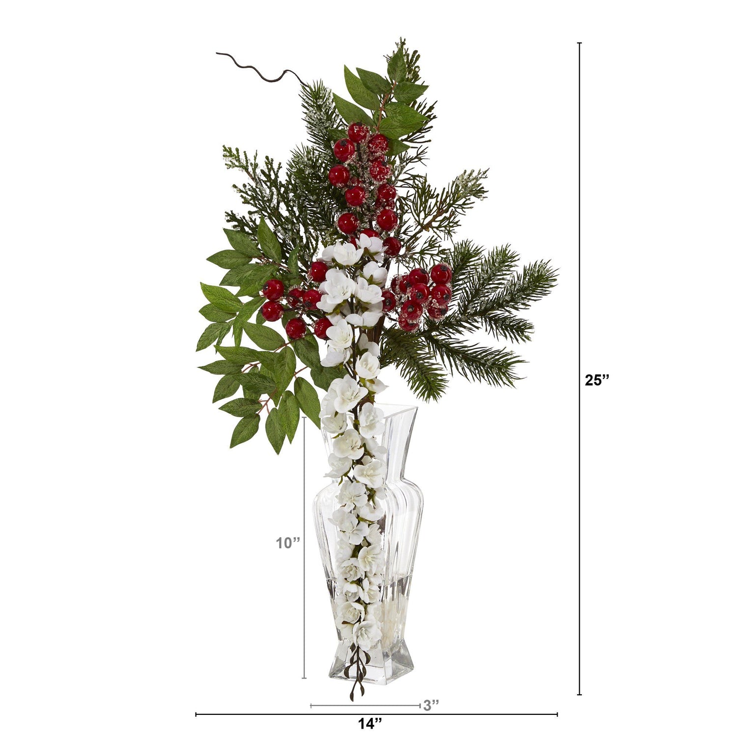 25” Wisteria, Iced Pine and Berries Artificial Arrangement in Glass Vase