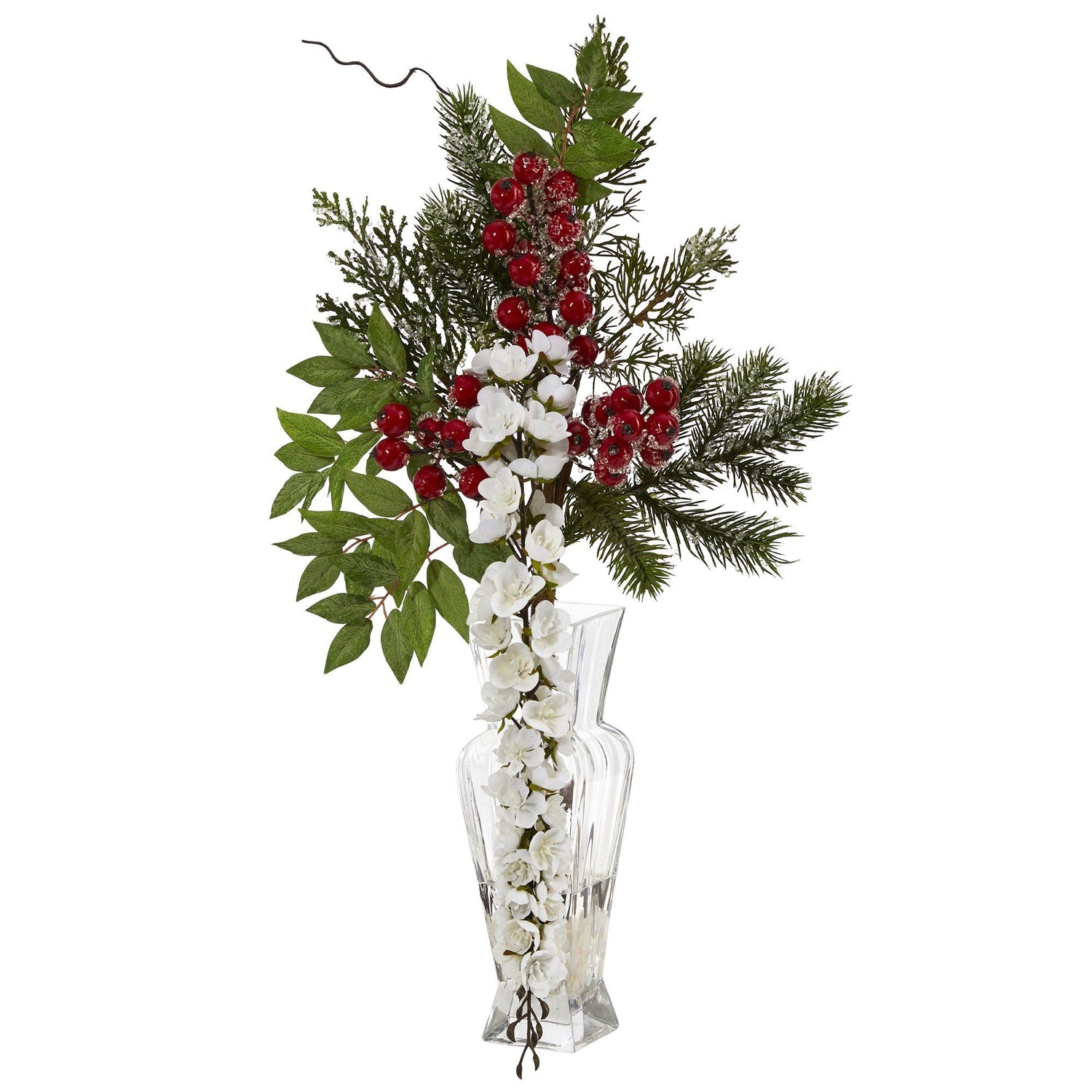 25” Wisteria, Iced Pine and Berries Artificial Arrangement in Glass Vase