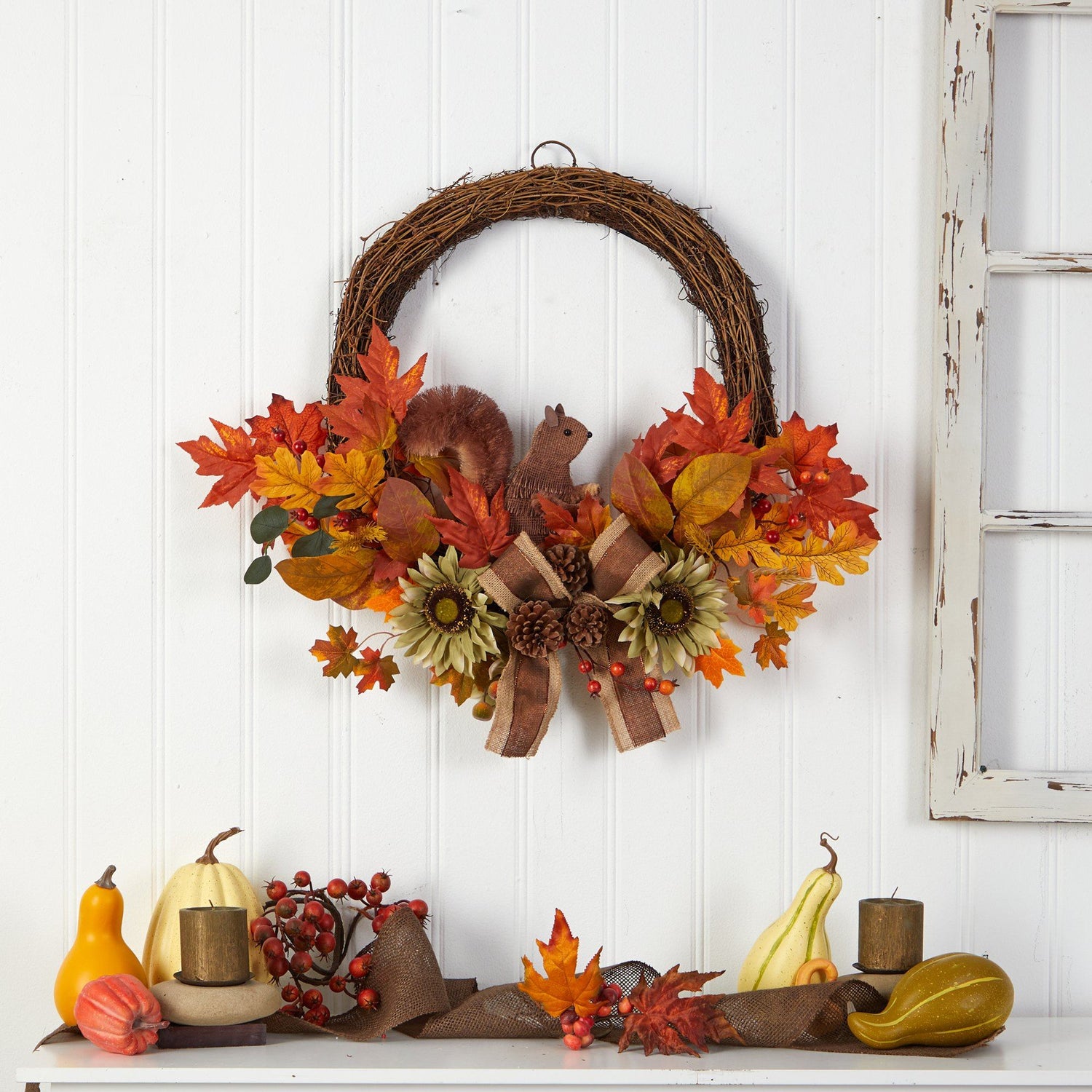 26” Fall Harvest Artificial Autumn Wreath with Twig Base and Squirrel