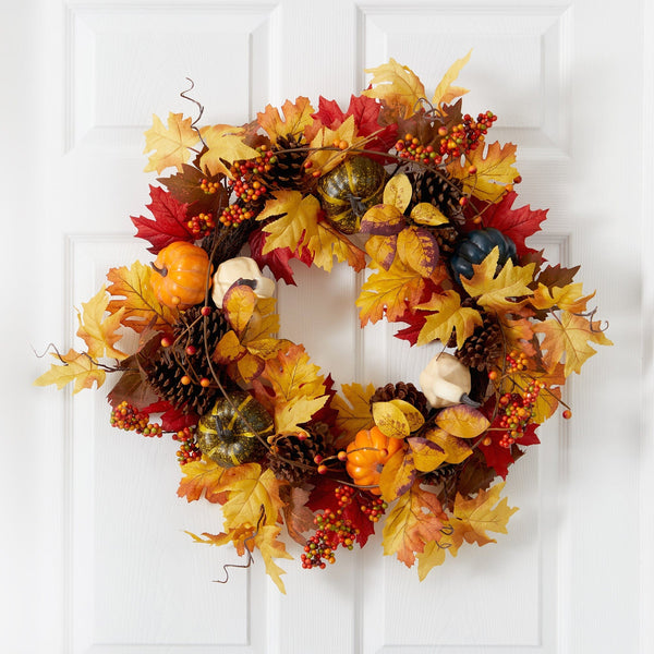 26” Fall Pumpkin, Gourd, Pinecone and Maple Leaf Artificial Autumn Wreath