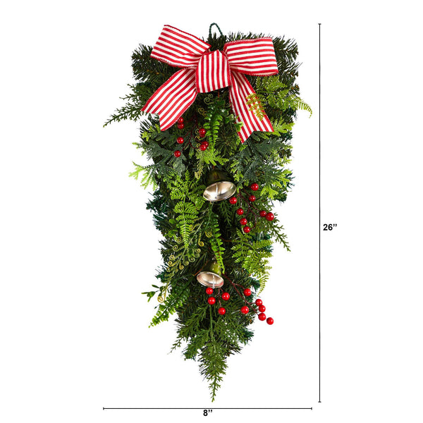 26" Holiday Christmas Bells and Bow Artificial Swag"