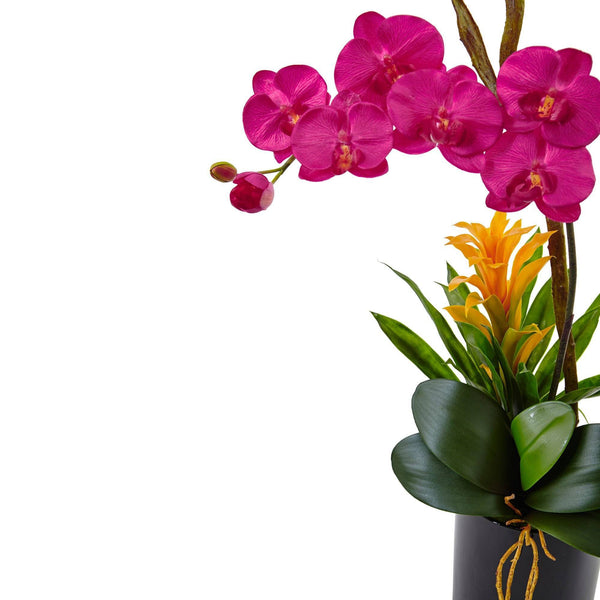 26” Orchid and Bromeliad in Glossy Black Cylinder