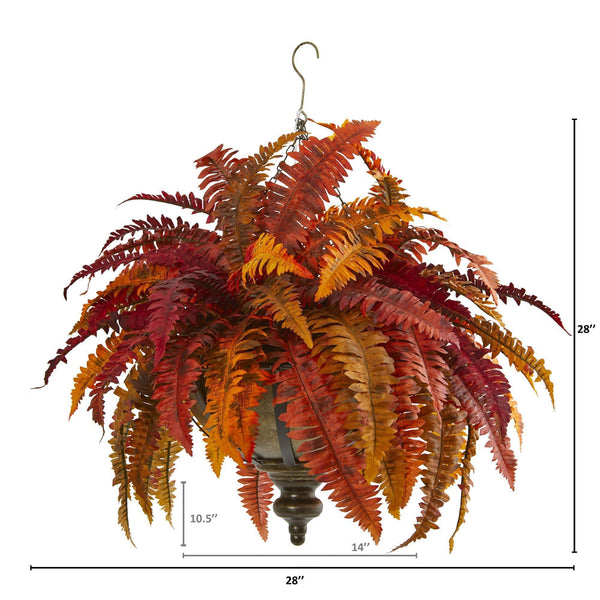 28” Autumn Boston Fern Artificial Plant in Hanging Metal Bowl