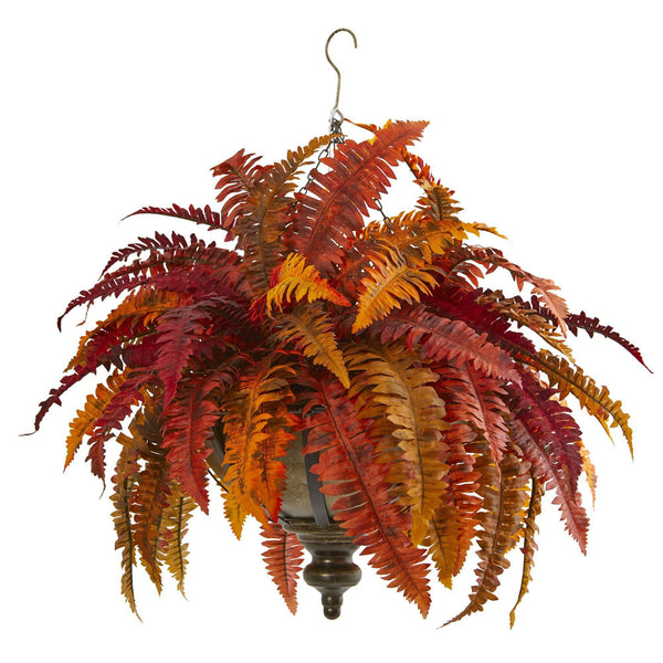 28” Autumn Boston Fern Artificial Plant in Hanging Metal Bowl