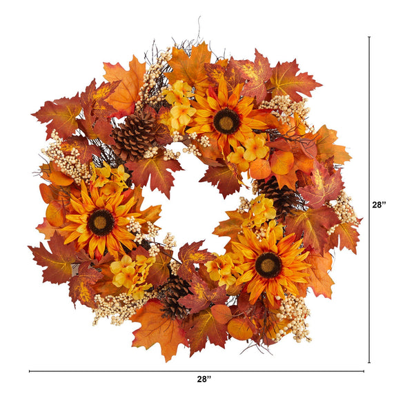 28” Autumn Maple Leaves, Sunflower, White Berries and Pinecones Artificial Fall Wreath