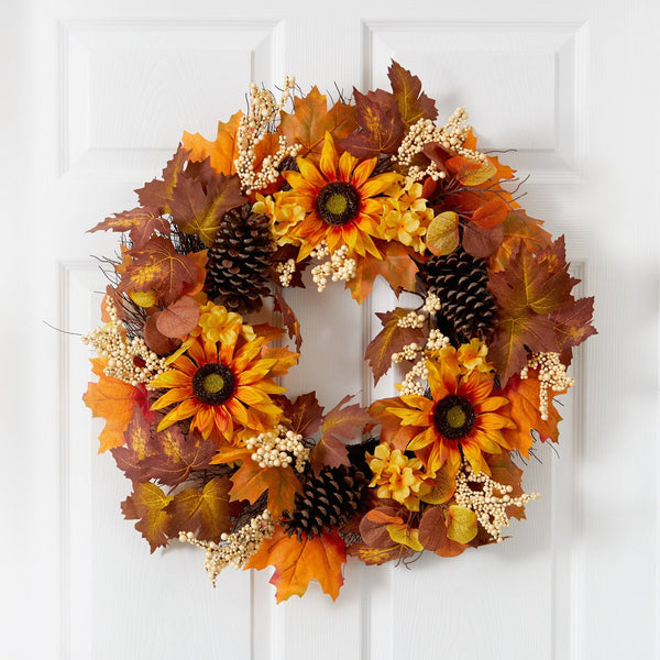 28” Autumn Maple Leaves, Sunflower, White Berries and Pinecones Artificial Fall Wreath