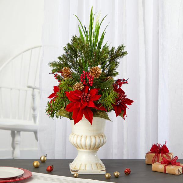 28” Poinsettia, Grass and Succulent Artificial Arrangement in White Urn