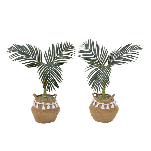 3' Artificial Golden Cane Palm Tree with Handmade Jute & Cotton Basket with Tassels DIY KIT - Set of 2