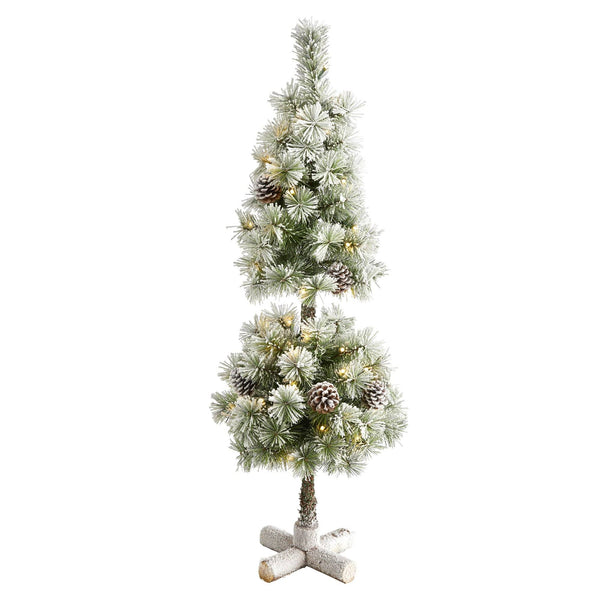 3’ Flocked Artificial Christmas Tree Topiary with 50 Warm White LED Lights and Pine Cones