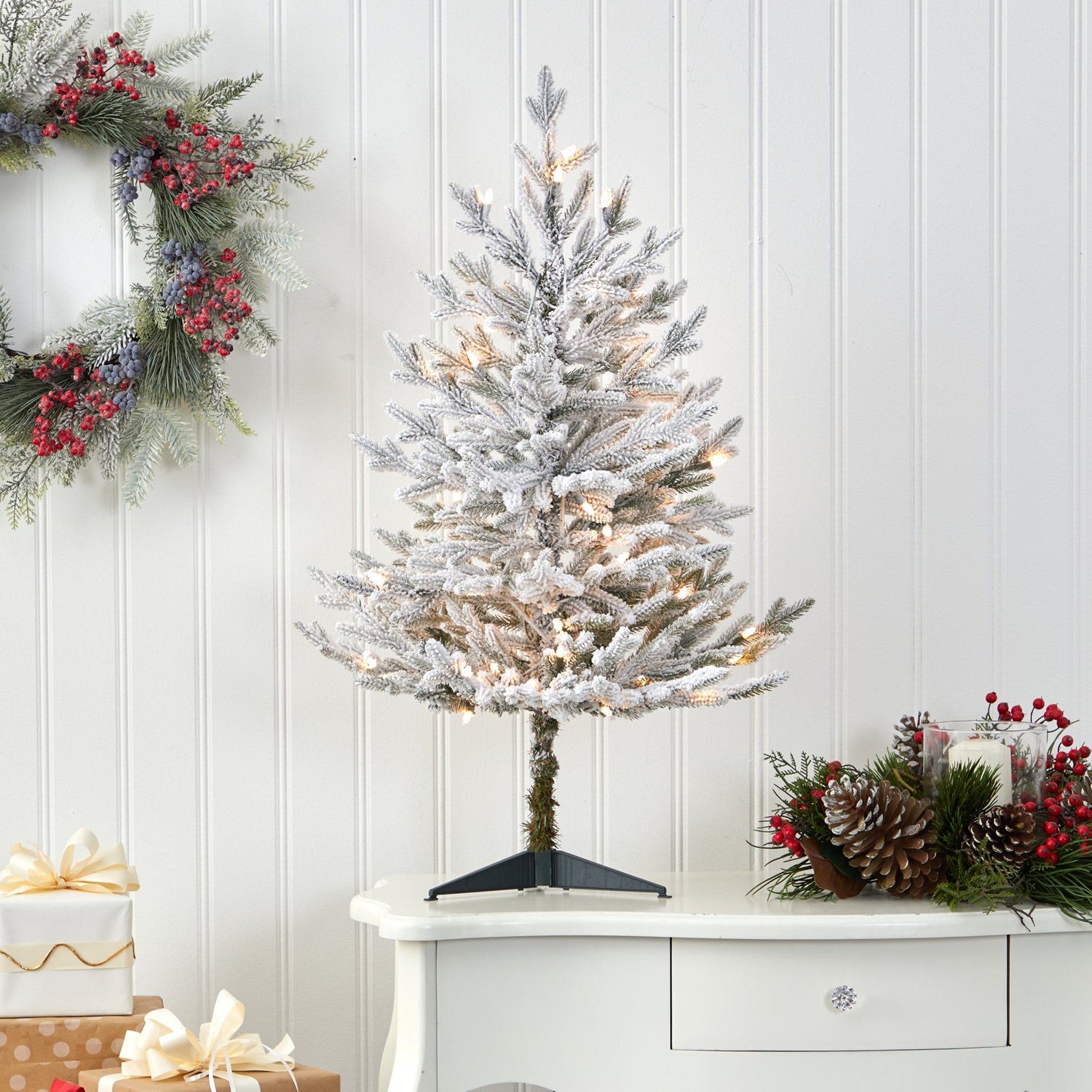 3’ Flocked Fraser Fir Artificial Christmas Tree with 200 Warm White Lights and 481 Bendable Branches