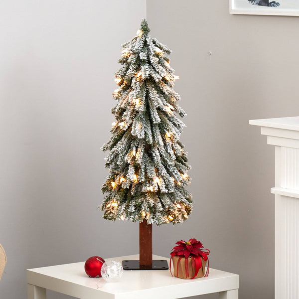 3’ Flocked Grand Alpine Artificial Christmas Tree with 50 Lights and 193 Branches on Natural Trunk