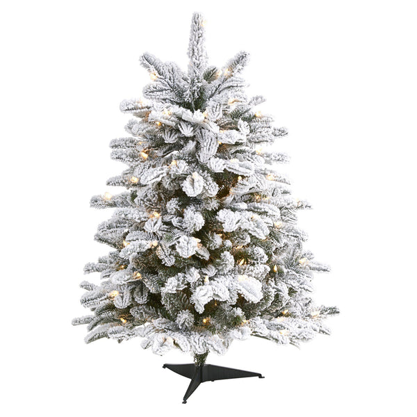 3’ Flocked North Carolina Fir Artificial Christmas Tree with 150 Warm White Lights and 545 Bendable Branche