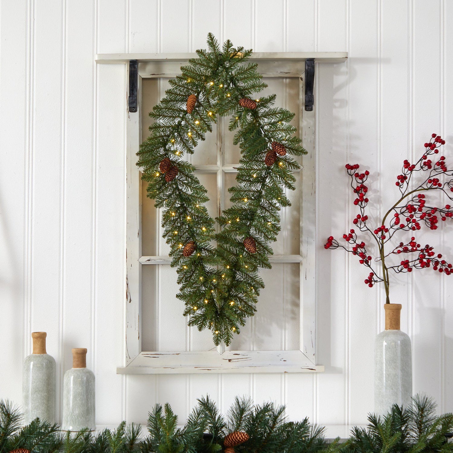 3' Holiday Christmas Geometric Diamond Wreath with Pinecones and 50 Warm White LED Lights