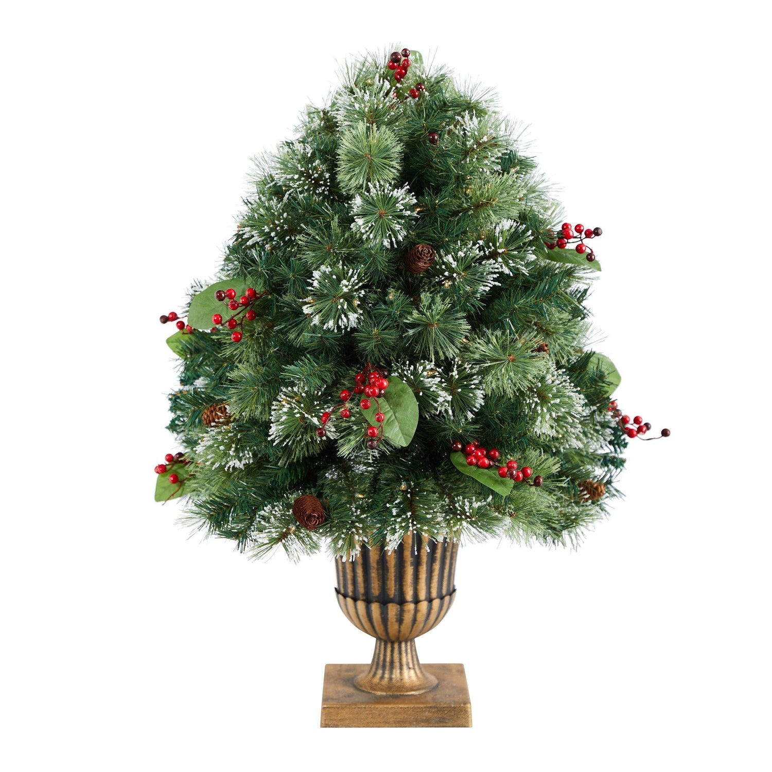 3' Holiday Pre-Lit Snow Tip Greenery, Berries and Pinecones Plant in Urn with 100 LED Lights