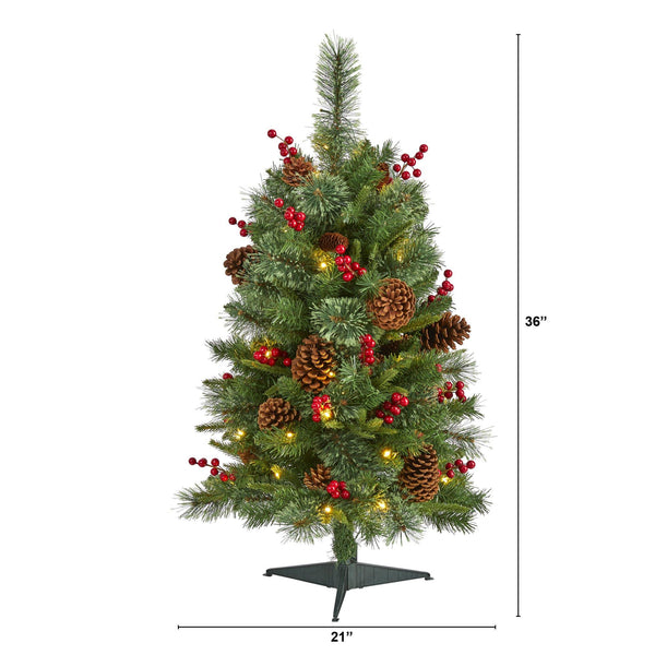 3’ Norway Mixed Pine Artificial Christmas Tree with 50 Clear LED Lights, Pine Cones and Berries