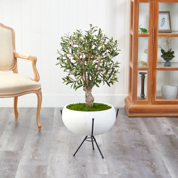 3’ Olive Artificial Tree in White Planter with Metal Stand