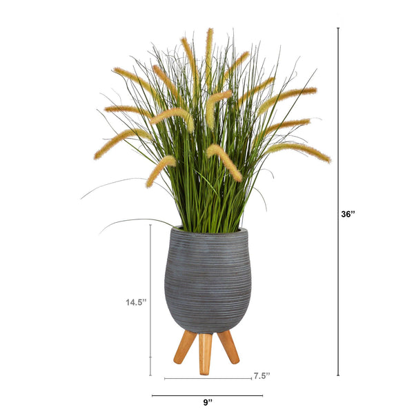 3’ Onion Grass Artificial Plant in Gray Planter with Stand