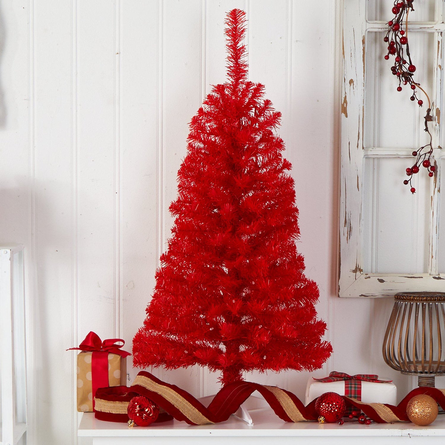 3’ Red Artificial Christmas Tree with 50 LED Lights and 118 Bendable Branches