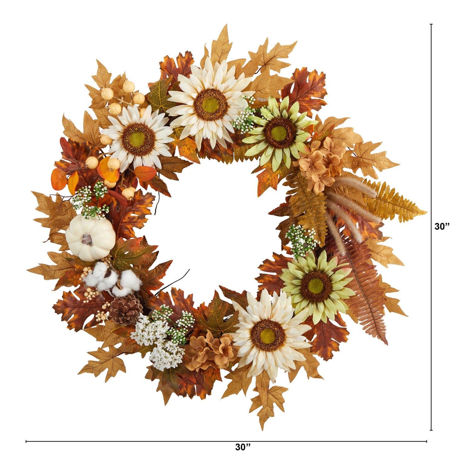 30” Autumn Sunflower, White Pumpkin and Berries Artificial Fall Wreath