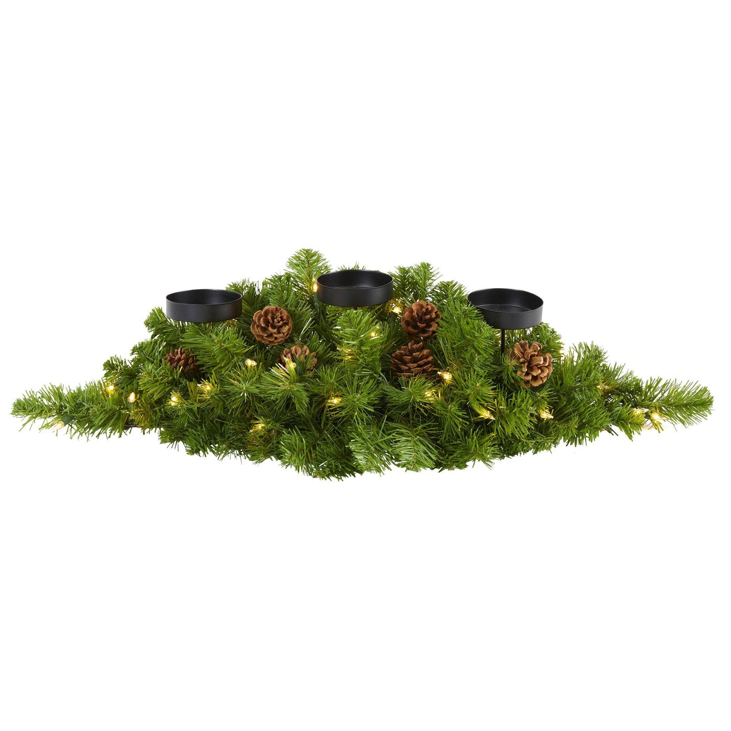 30” Christmas Artificial Pine Triple Candelabrum with 35 Clear Lights and Pine Cones