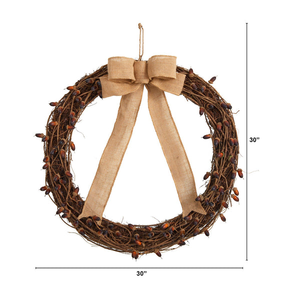 30” Fall Acorn and Decorative Bow Autumn Wreath