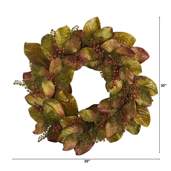 30” Fall Magnolia Leaf and Berries Artificial Wreath