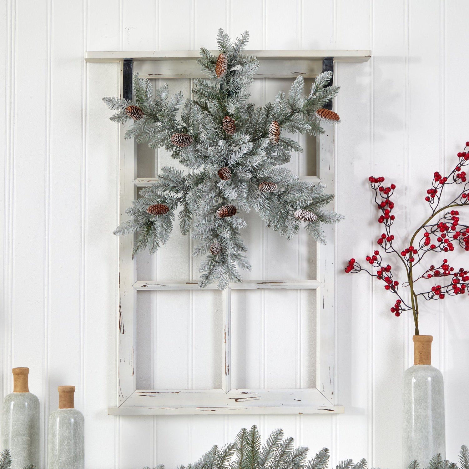 30” Pre-Lit Flocked Snowflake Artificial Dunhill Fir Wreath with Pinecones and 40 LED Lights