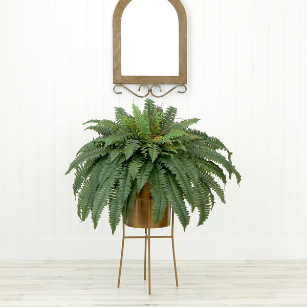 32” Artificial Boston Fern Plant with Metal Planter with Stand DIY KIT