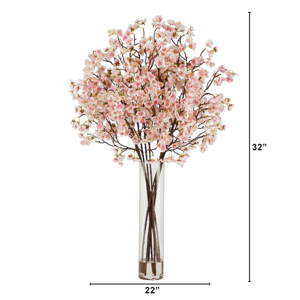 32” Artificial Cherry Blossom Arrangement with Glass Cylinder Vase