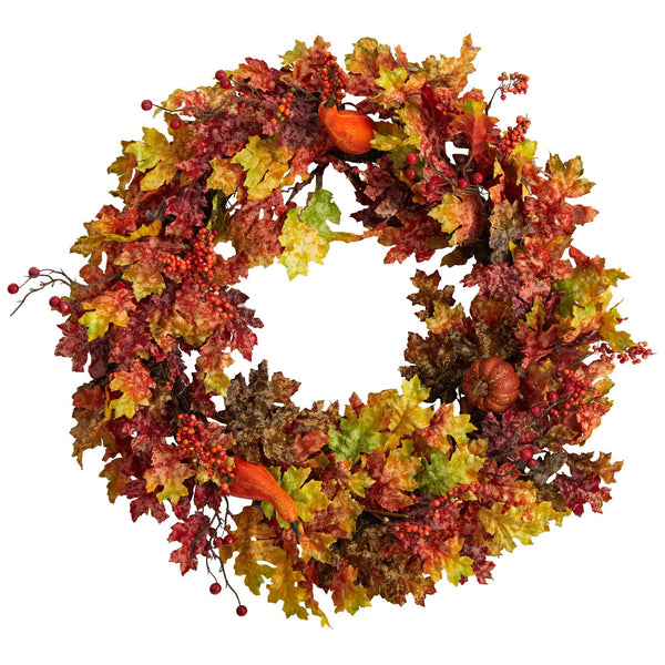 32” Autumn Oak Leaf, Berries and Pumpkin Artificial Autumn Wreath