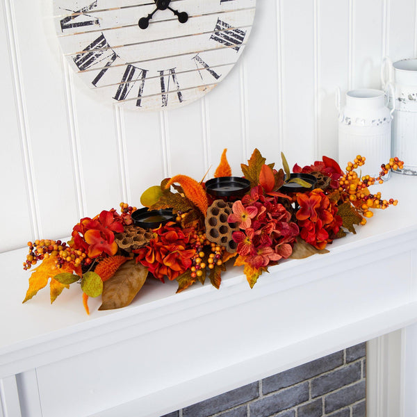 32” Fall Hydrangea, Lotus Seed and Berries Artificial Candelabrum Arrangement