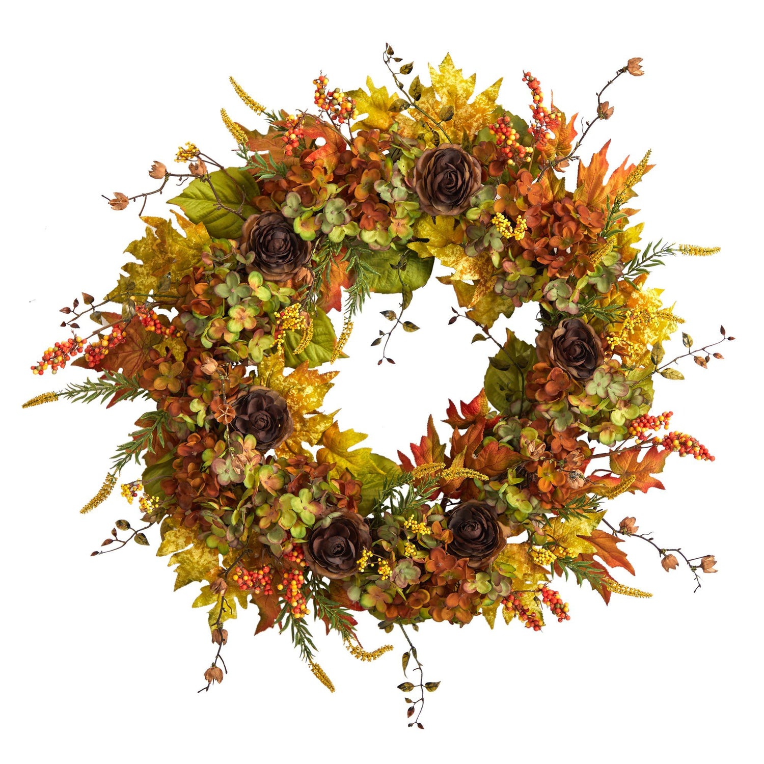 32” Fall Hydrangea, Ranunculus and Maple Leaf Autumn Artificial Wreath