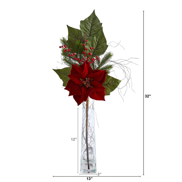 32” Poinsettia, Berries and Pine Artificial Arrangement in Glass Vase