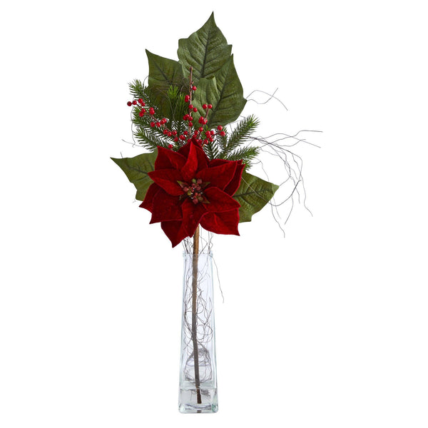 32” Poinsettia, Berries and Pine Artificial Arrangement in Glass Vase