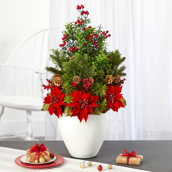 32” Poinsettia, Boxwood and Succulent Artificial Arrangement in White Vase