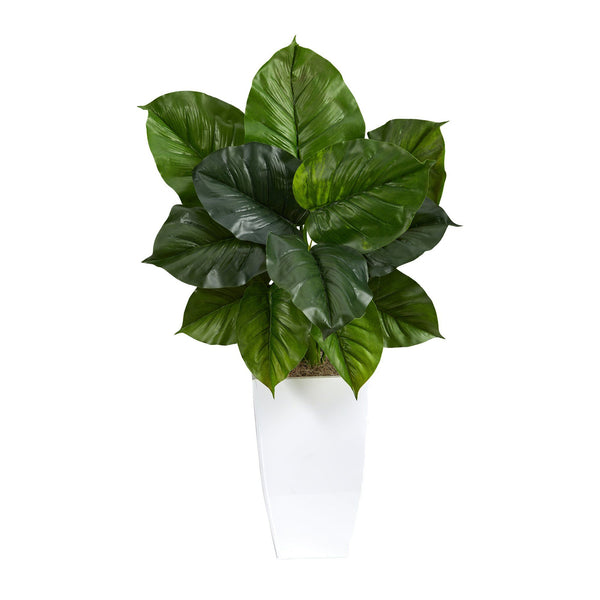 34” Large Philodendron Leaf Artificial Plant in White Metal Planter