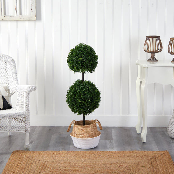 3.5’ Boxwood Double Ball Topiary Tree in Boho Chic Handmade Cotton & Jute Planter UV Resistant