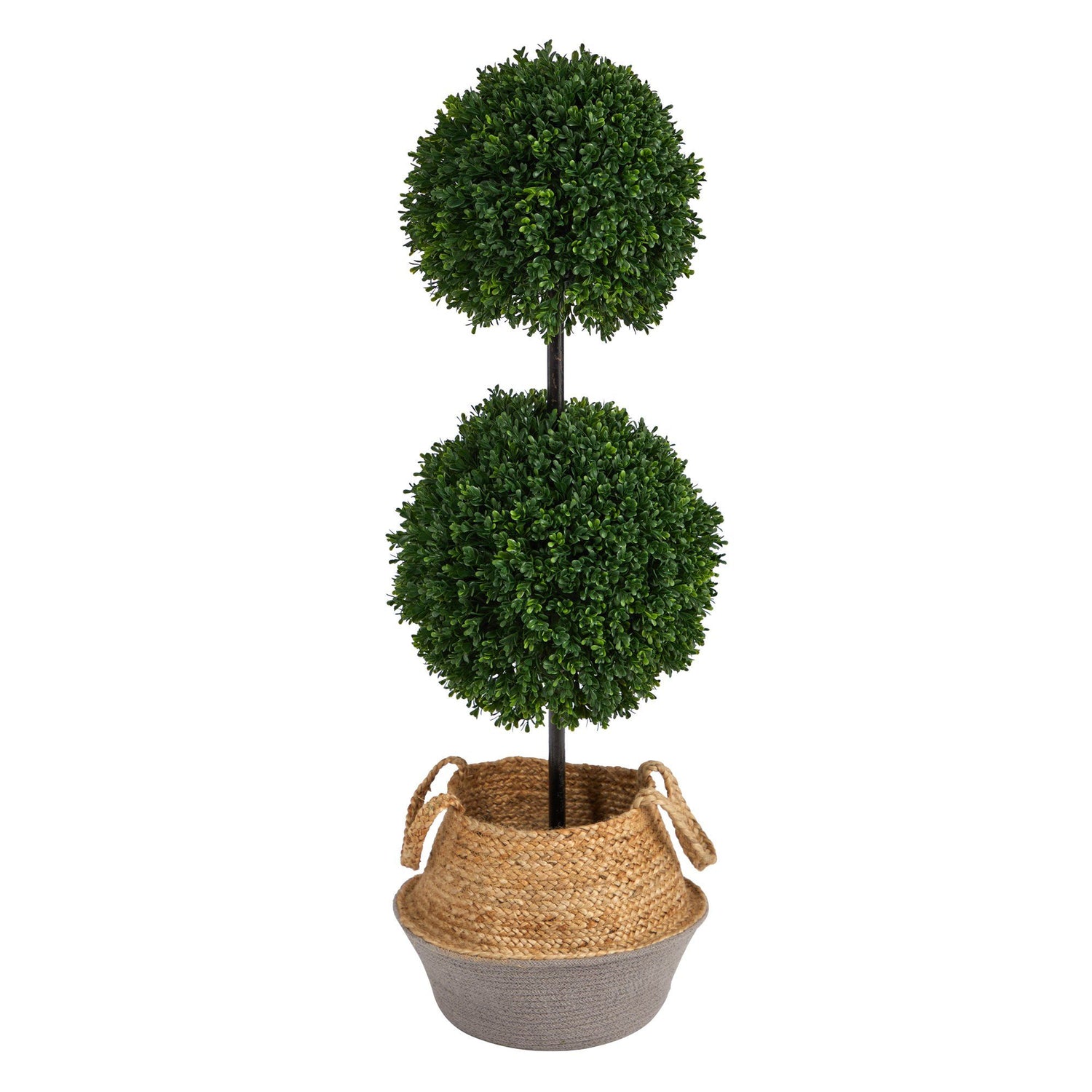 3.5’ Artificial Boxwood Double Ball Topiary Tree in Boho Chic Handmade Cotton & Jute Planter UV Resistant