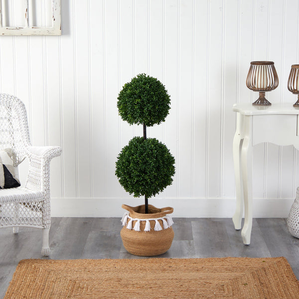 3.5’ Boxwood Double Ball Topiary Tree in Boho Chic Handmade Natural Planter UV Resistant